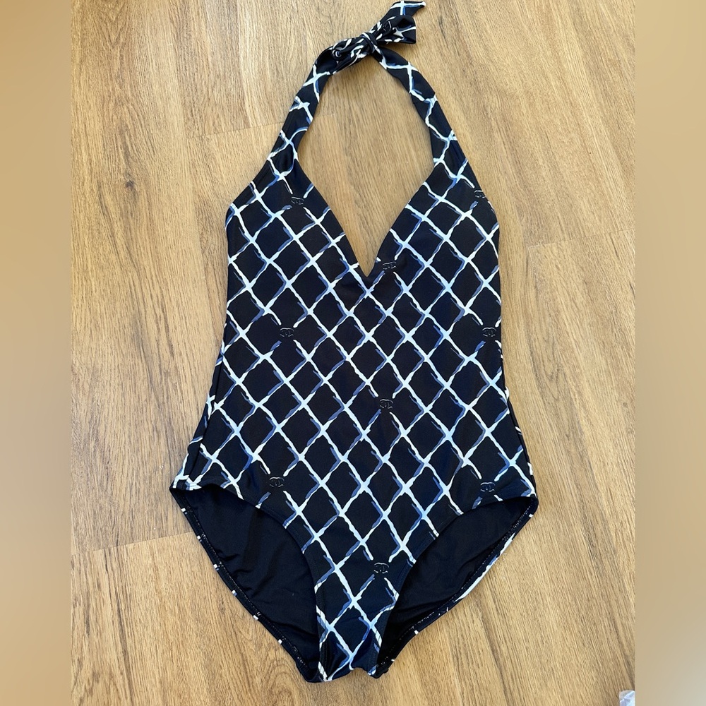 CHANEL Black Lattice-Print One-Piece Swimsuit